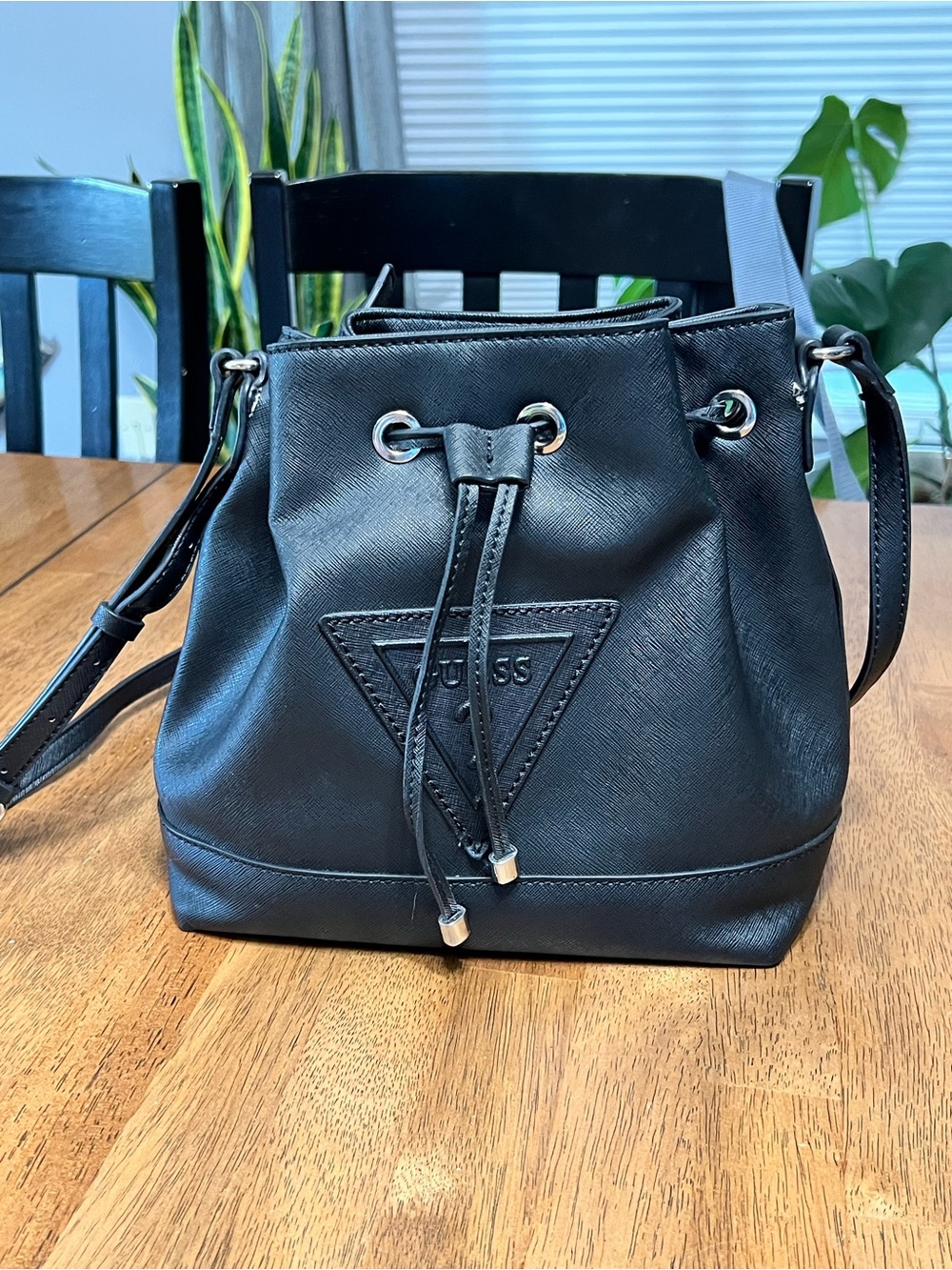 Guess Black Bucket Bag Triangle Logo Textured Finish